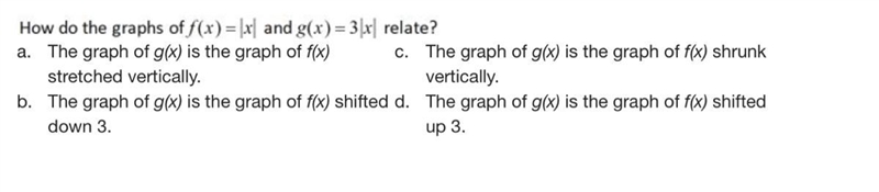 How do the graphs f(x)= |x| and g(x)= 3 3|x| relate-example-1