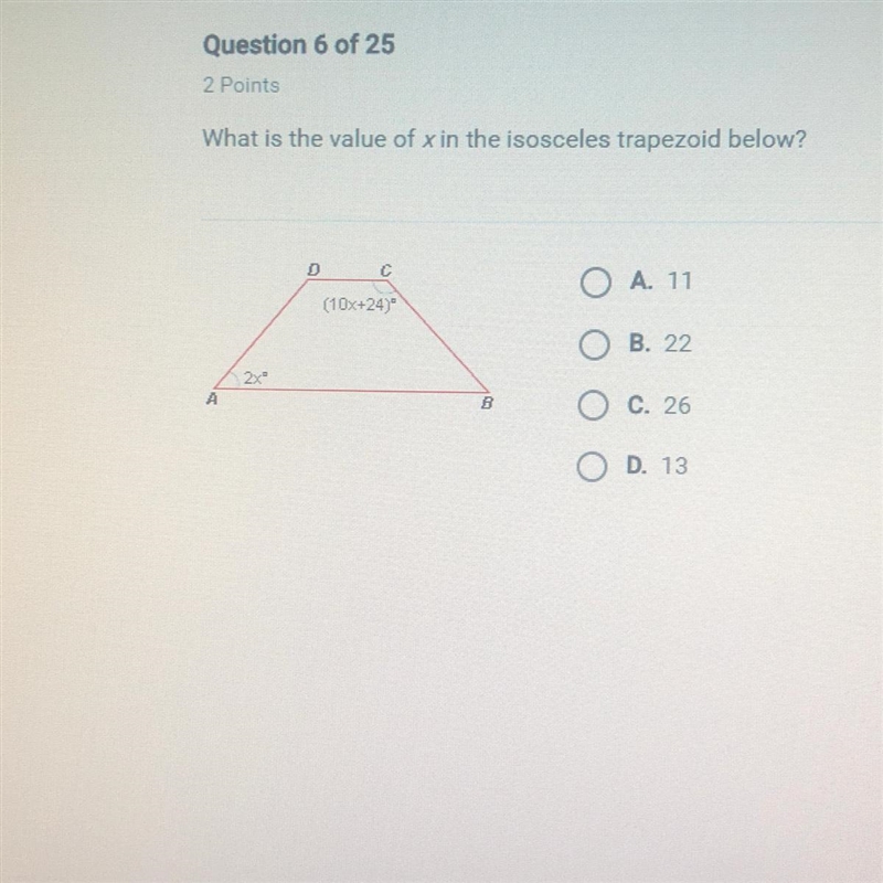 What is the value of x in the isosceles trapezoid below-example-1