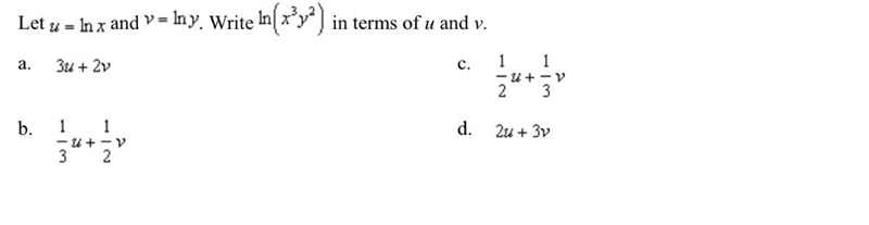 Write ln(x^3y^2) in terms of u and v (picture provided)-example-1