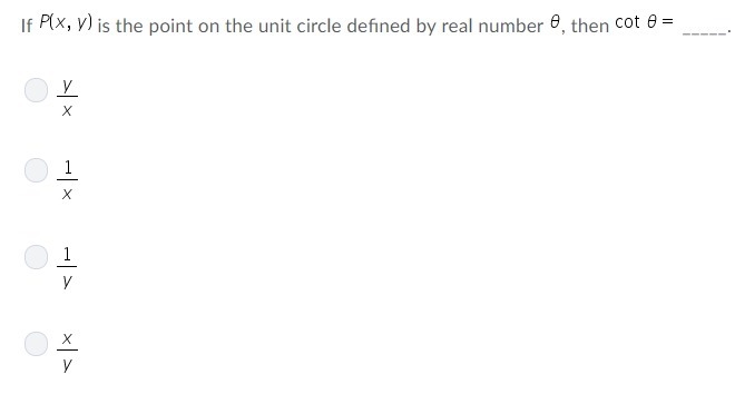 If P(x, y) is the point on the unit circle defined by real number 0, then cot 0=-example-1