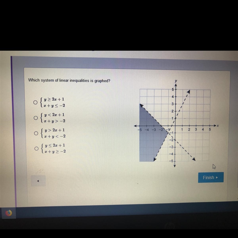 Which system of linear inequalities is graphed?-example-1