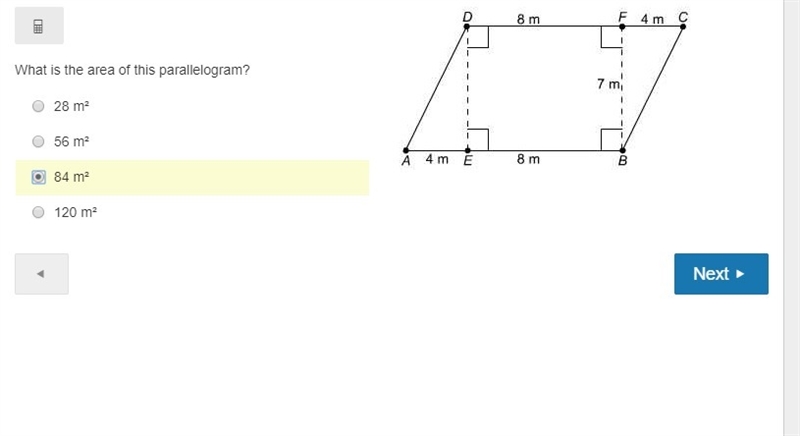 What is the area of this parallelogram? 28 m² 56 m² 84 m² 120 m²-example-1