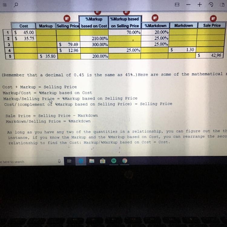 Need help filling in the blanks.. markups, markdowns, and sale price.-example-1