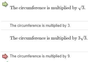 A circle has a radius of 5 cm. If the area is tripled, what happens to the circumference-example-1