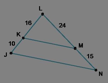 Is KM ∥ JN? Why or why not? No, because StartFraction 16 Over 10 EndFraction not-equals-example-1