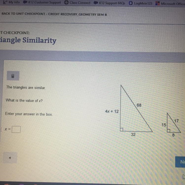 The triangles are similar. What is the value of x? Enter your answer in the box. X-example-1