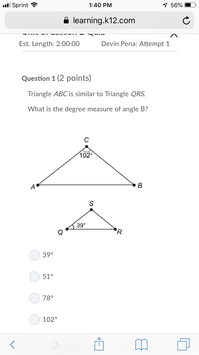 Triangle ABC is similar to Triangle QRS. What is the degree measure of angle B? Missing-example-1