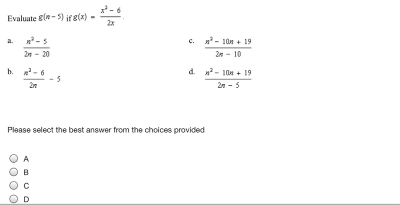 Evaluate g(n-5) if g(x)=x^2-6/2x-example-1