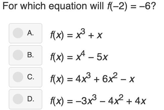 For which equation will f(-2)= -6?-example-1