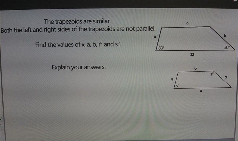 The trapezoids are similar. Both the left and right sides of the trapezoids are not-example-1