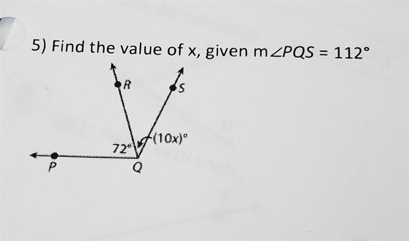 5) Find the value of x, given m/PQS = 112° (10xjo 20​-example-1