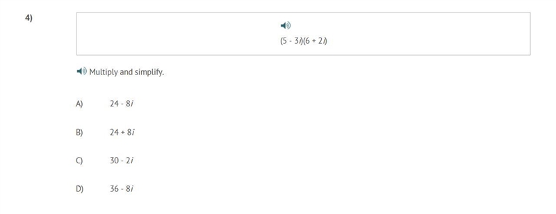 PLEASE HELP ASAP!!! CORRECT ANSWER ONLY PLEASE!!! (5 - 3i)(6 + 2i) Multiply and simplify-example-1