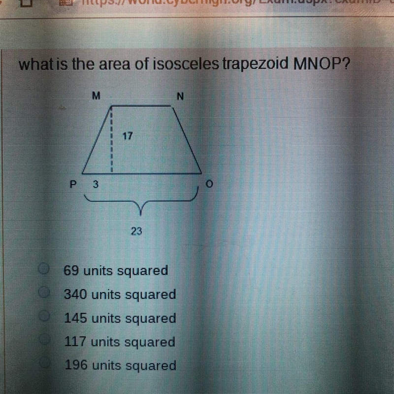 What is the area of isosceles trapazoid MNOP?-example-1