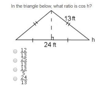 In the triangle below, what ratio is cos h?-example-1