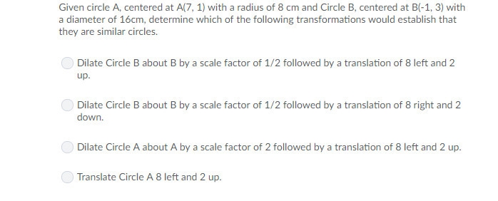 Given circle A, centered at A(7, 1) with a radius of 8 cm and Circle B, centered at-example-1