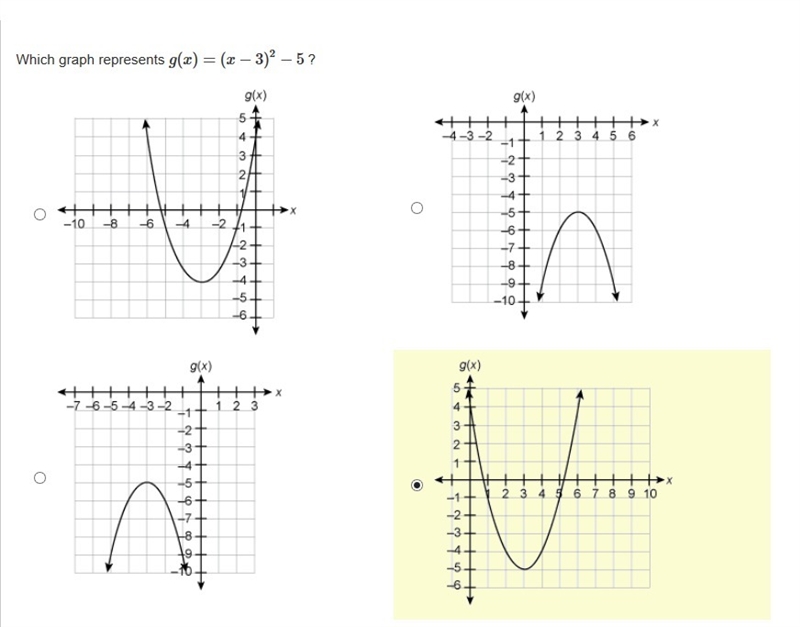 PLEASE HELP ASAP!!! CORRECT ANSWER ONLY PLEASE!!! Which graph represents g(x) = (x-example-1