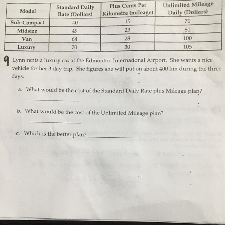 A. What would be the cost of the Standard Daily Rate plus Mileage plan? b. What would-example-1