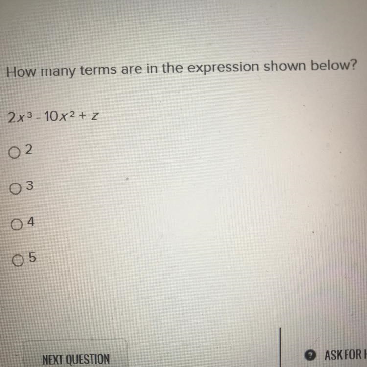 How many terms are in the expression shown below? 2x3 - 10x2 +Z 2 3. 4. 5-example-1