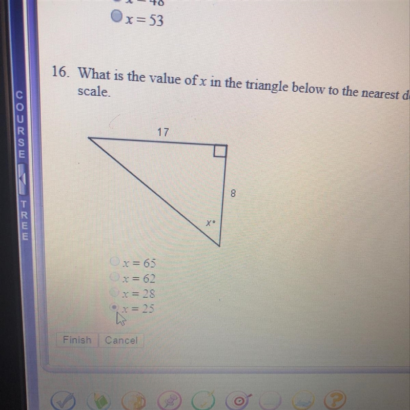 What is the value of X in the triangle below to the nearest degree? The triangle is-example-1