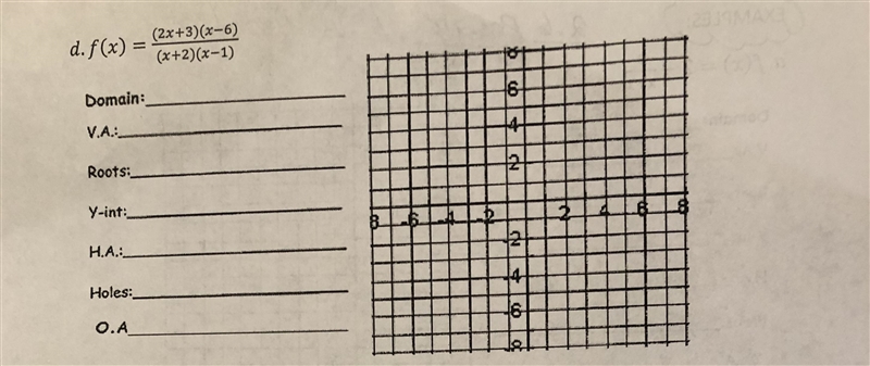 f(x) = ((2x+3)(x-6))/((x+2)(x-1)) Domain: V.A: Roots: Y-int: H.A: Holes: O.A: Also-example-1