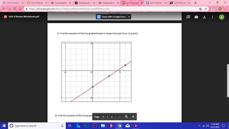 5) Find the equation of the line graphed below in Slope-Intercept Form. (3 points-example-1