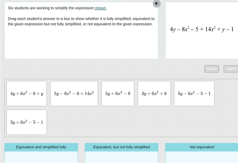 Six students are working to simplify the expression shown. Drag each student's answer-example-1