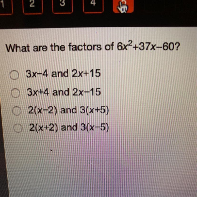 What are the factors of 6x^2 + 37x - 60? Please give honest answers Since your answers-example-1