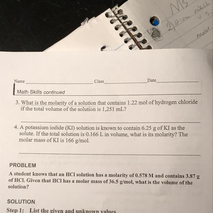 what is the molariry of a solution that contains 1.22 mol of hydrogen chloride if-example-1