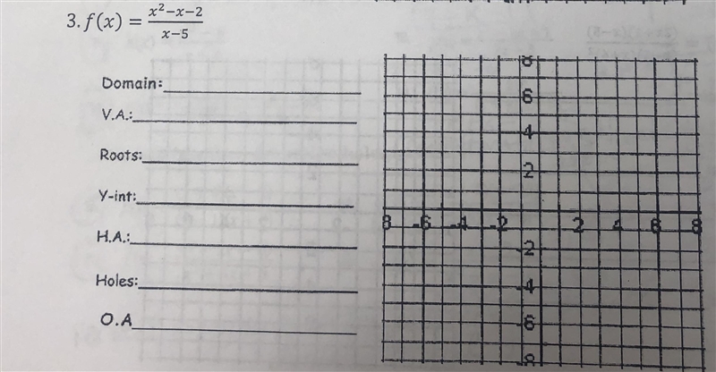 f(x) = (x^(2)-x-2 )/(x-5) Domain: V.A: Roots: Y-int: H.A: Holes: O.A Also draw on-example-1