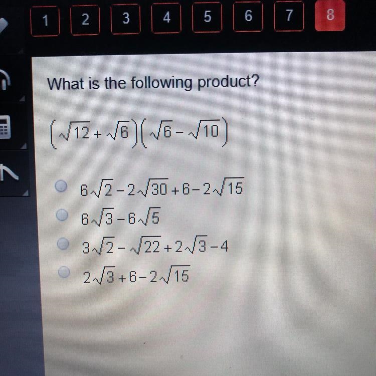 What is the following product? ( sqrt 12+ sqrt 6)(sqrt 6- sqrt 10)-example-1