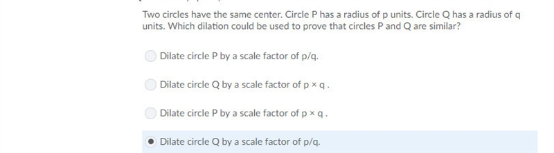 Two circles have the same center. Circle P has a radius of p units. Circle Q has a-example-1