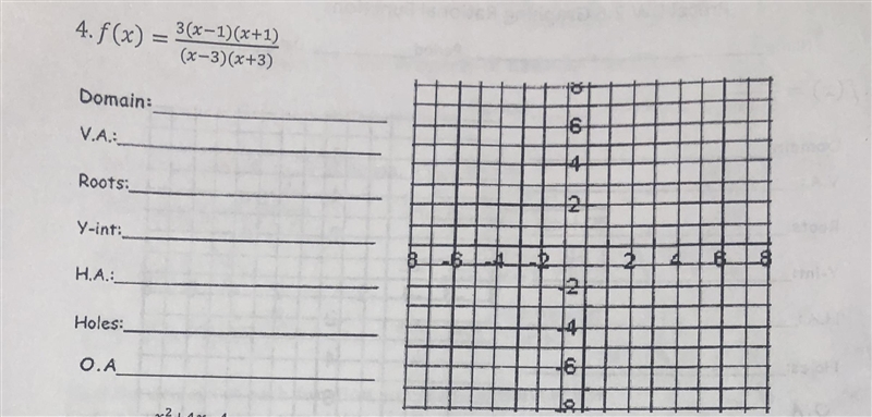 f(x) = (3(x-1)(x+1))/((x-3)(x+3)) Domain: V.A: Roots: Y-int: H.A: Holes: O.A: Also-example-1