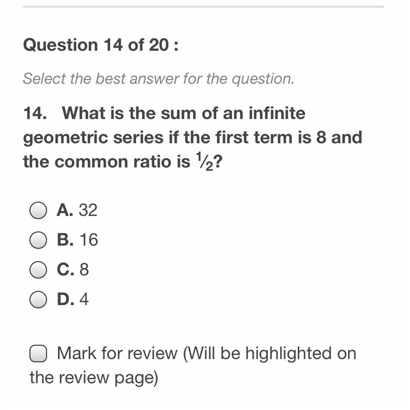 What is the sum of a common geometric series if the first term is 8 and the common-example-1