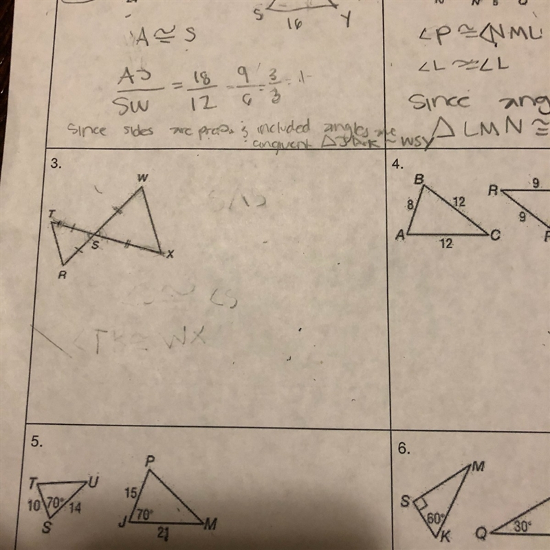 Number 3 “determine whether the triangles are similar if they are write a similarity-example-1