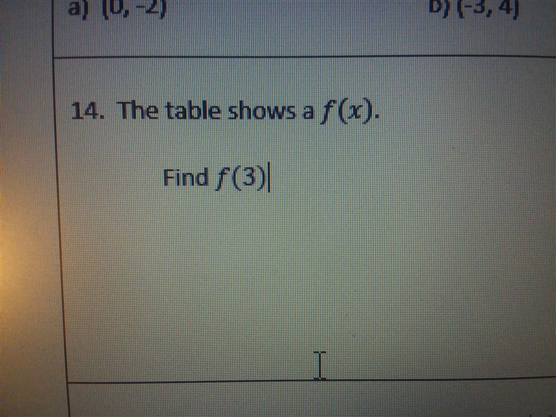 20POINTS! The table shows a f(x). Find f(3) X f(x) 1 -4 2 5 3 1 4 0 5 8-example-2