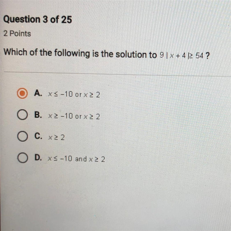 Which of the following is the solution to 9 | x + 4 | >= 54? PLEASE HELP-example-1