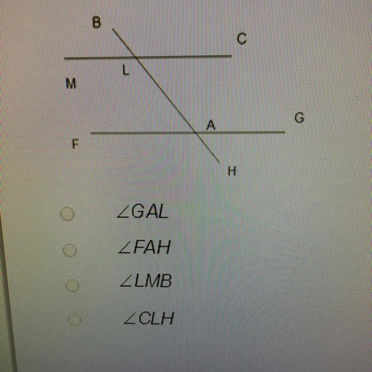 What angle pair is matched with ∠MLA to make alternate interior angles ?-example-1