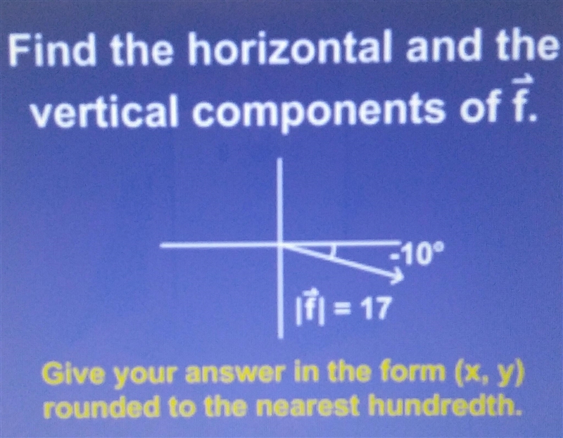 70 points!!!! Find the horizontal and the vertical components of f.-example-1