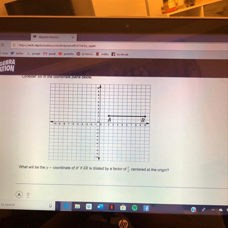 what will be the y- coordinate of B’ if line AB is dilated by a factor of 2/5, centered-example-1