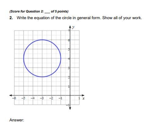 Write the equation of the circle in general form. Show all of your work.-example-1