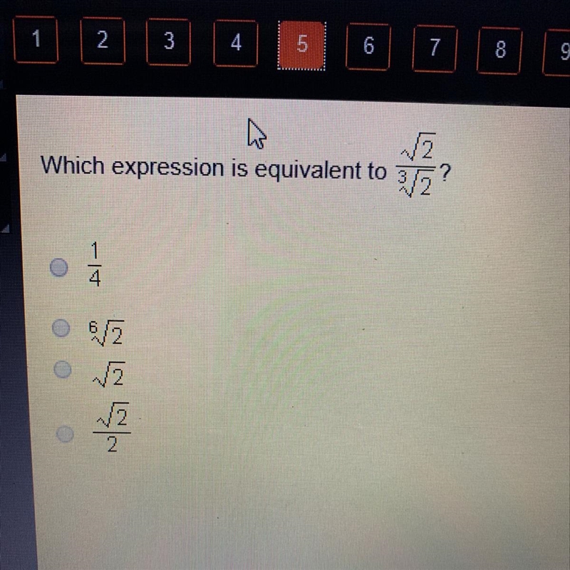 Which expression is equivalent to root 2/cubed root 2-example-1