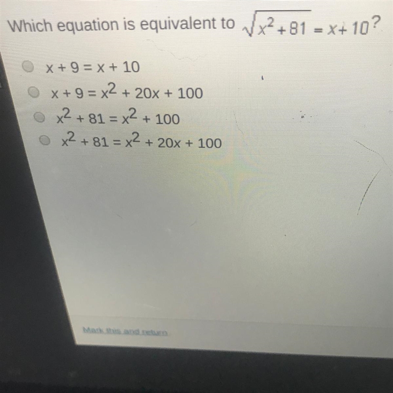 Which equation is equivalent to square root x^2+81 =x+10-example-1