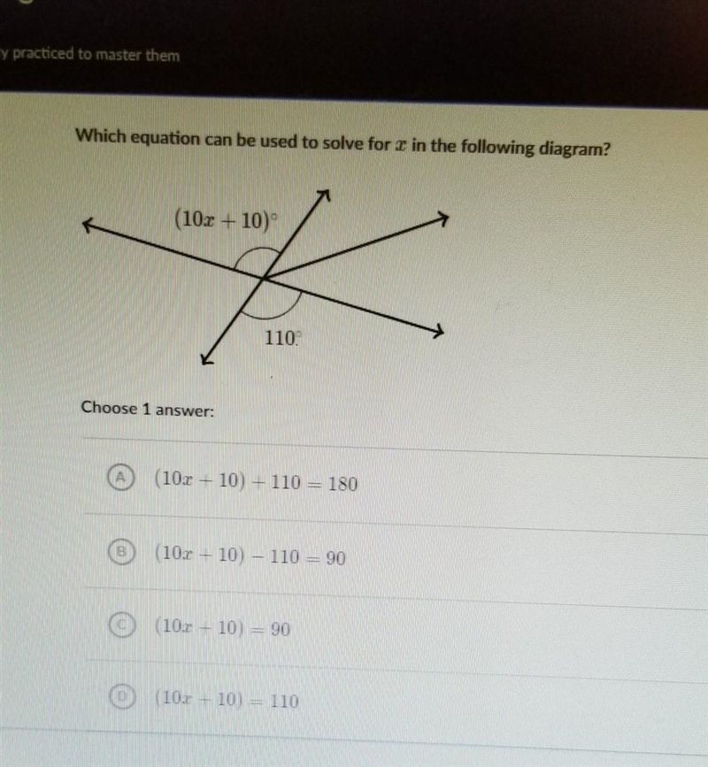 This question is called "Create equations to solve for missing angles". It-example-1