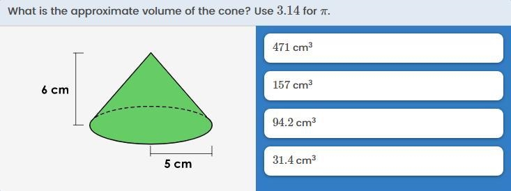 What is the approximate volume of the cone? use 3.14 for-example-1