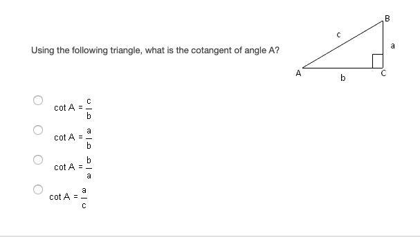 Using the following triangle, what is the cotangent of angle A?-example-1