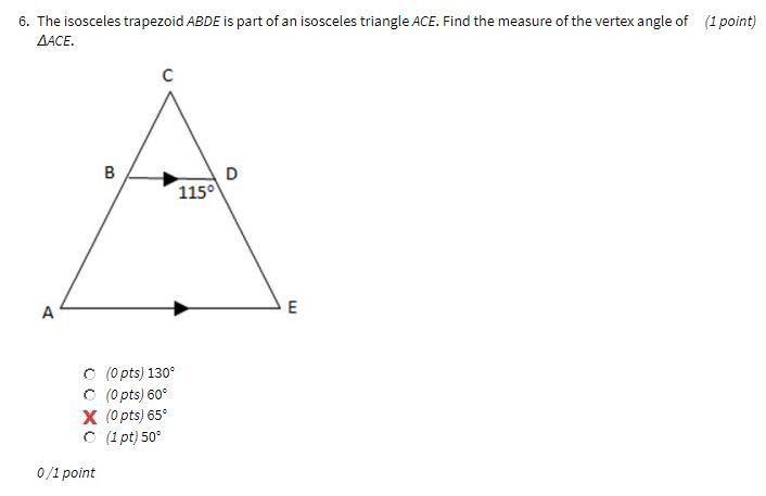 The isosceles trapezoid ABDE is part of an isosceles triangle ACE. Find the measure-example-1