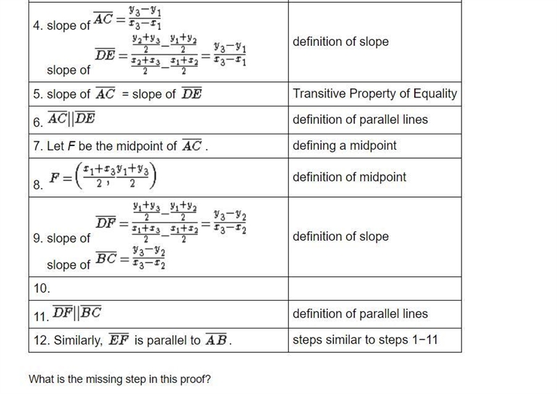 20 points! Please Help!! What is the missing step in this proof? A. Statement: slope-example-2