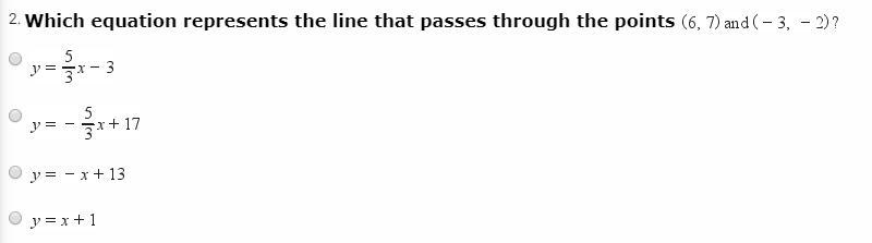 Which equation represents the line that passes through the points (6, 7) and (-3, -2)?-example-1