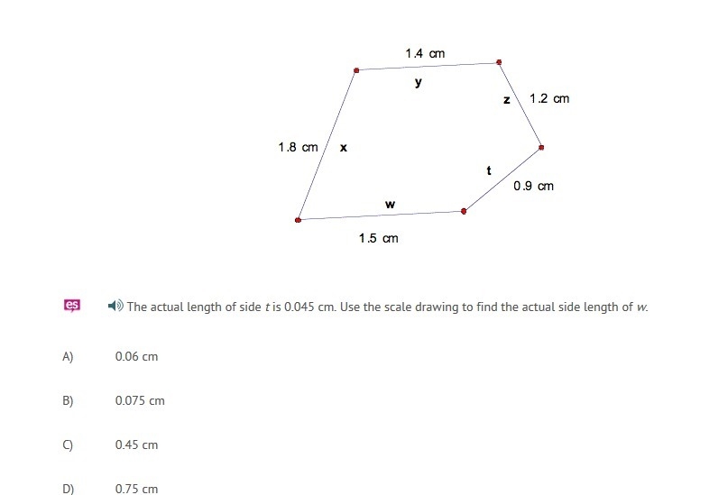 The actual length of side t is 0.045 cm. Use the scale drawing to find the actual-example-1