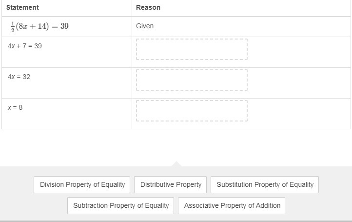 HELP PLEASE!!!! Drag a reason to each box to complete this proof. If 1/2(8x+14)=39 , then-example-1